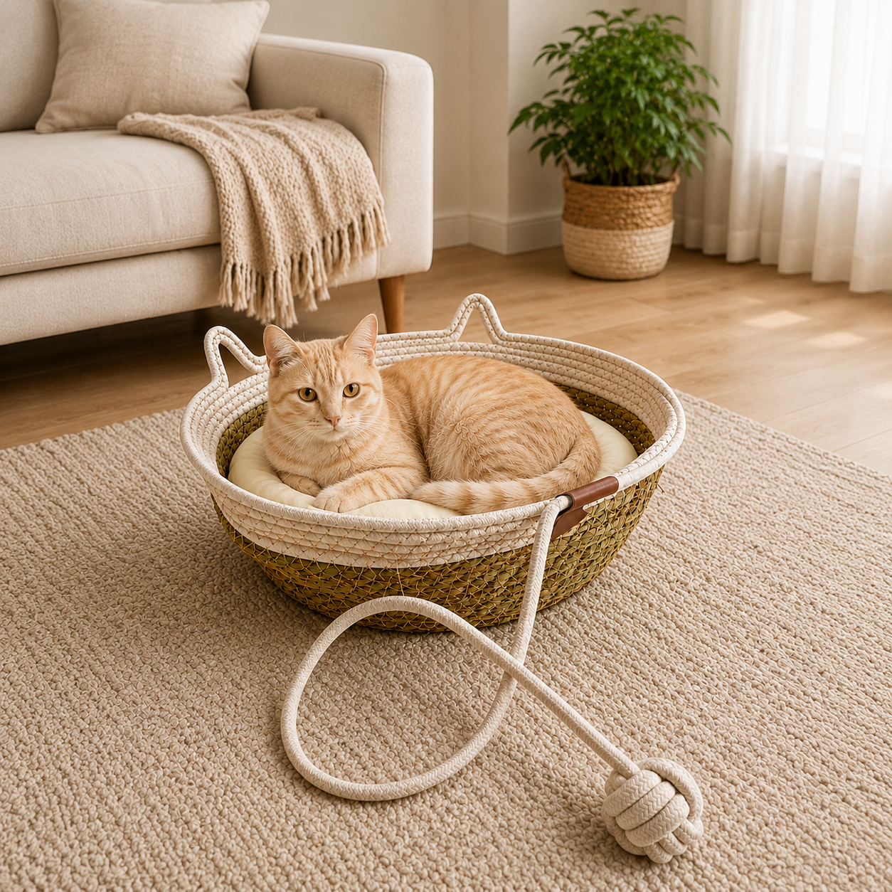 Woven Cat Bed Basket with Cushion & Play Rope – 40cm