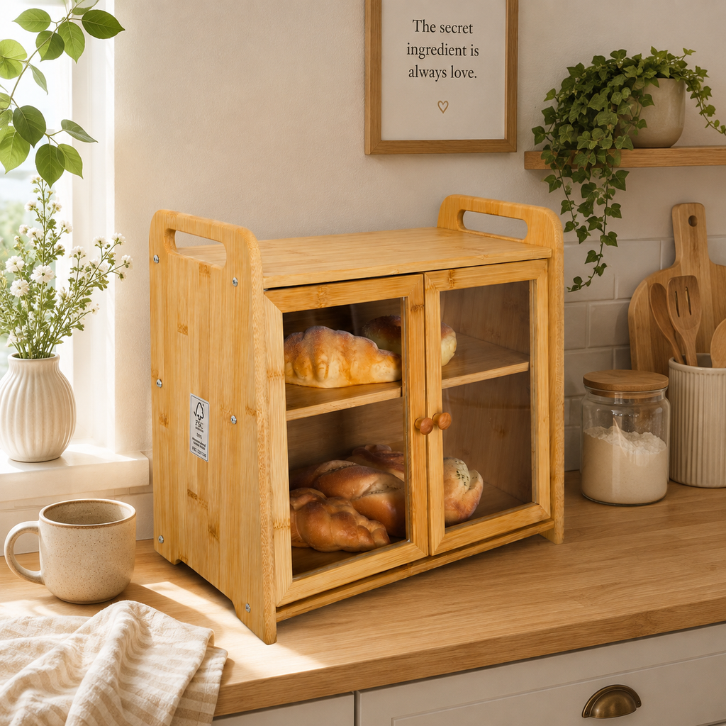 Bamboo Bread Bin 20L Double-Layer Food-Safe Storage with Acrylic Door – Natural