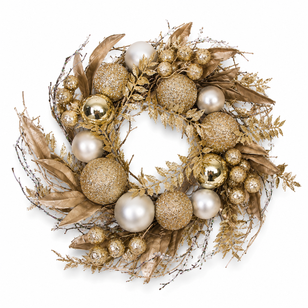 40cm Luxury Gold & Champagne Christmas Wreath – Bauble & Glitter Decoration