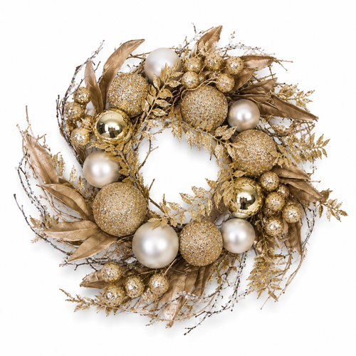 40cm Luxury Gold & Champagne Christmas Wreath – Bauble & Glitter Decoration