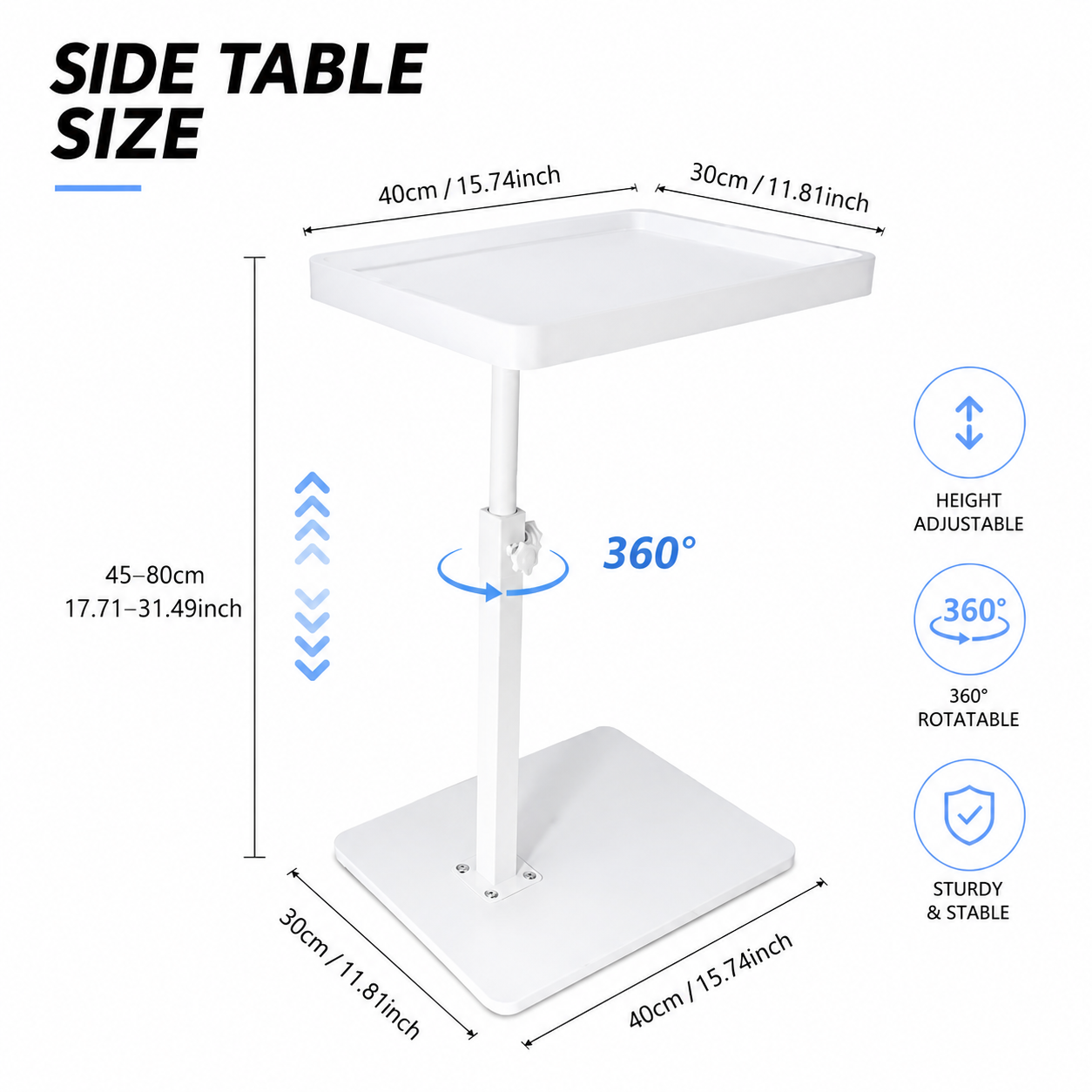 Adjustable C-Shaped Side Table Mobile with 4 Castors 364° Swivel Top