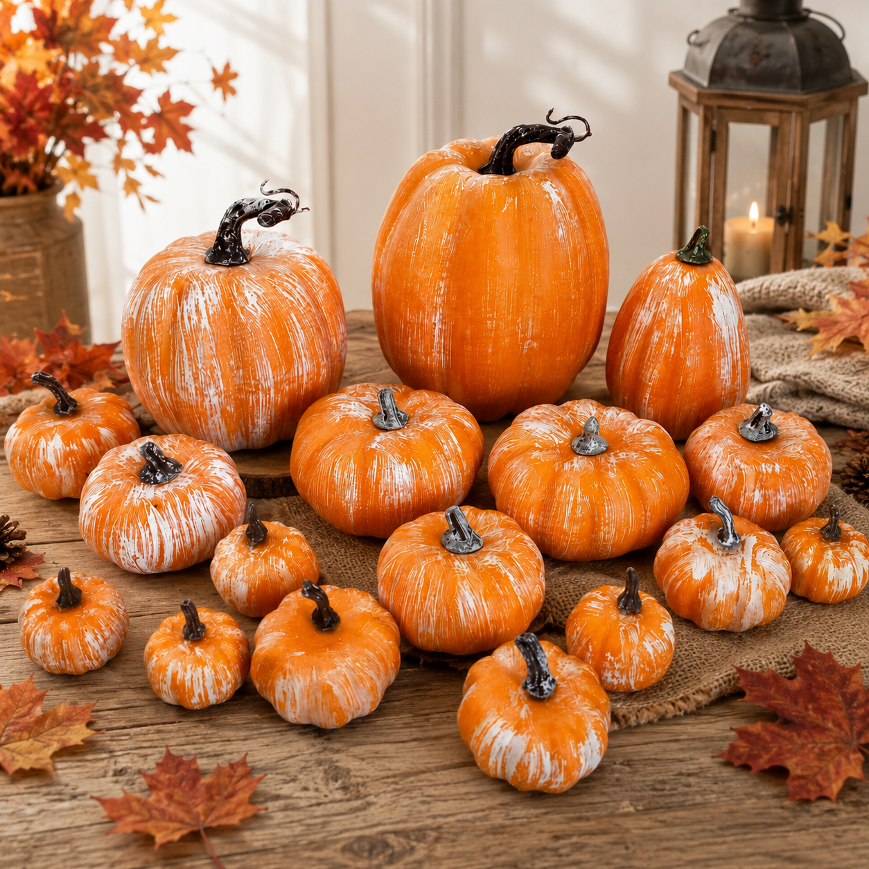Rustic Orange Decorative Pumpkins 16 pcs Set – Autumn Halloween Decorations