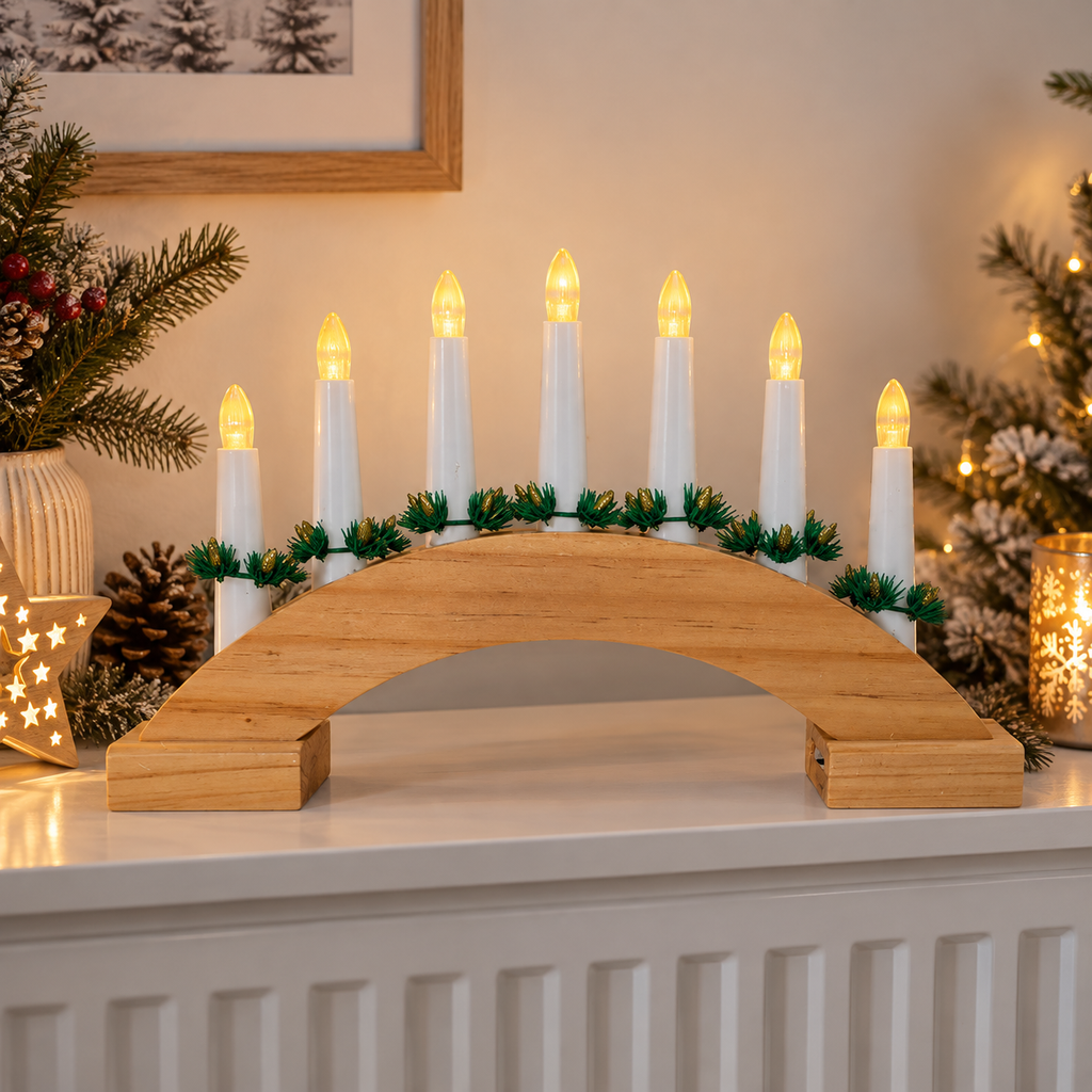 Wooden Christmas Candle Bridge Light 7 LED Candles Battery Operated Decoration