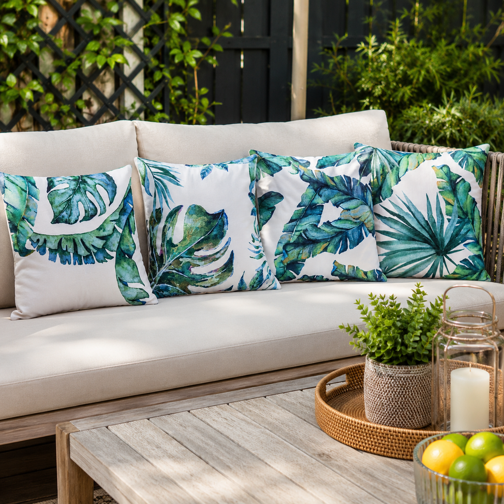 Set of 4 Waterproof Tropical Leaf Cushion Covers – 45 x 45cm