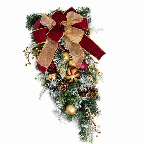 30” Christmas Teardrop Swag – Red & Gold Artificial Pine Decoration with Baubles and Pinecones