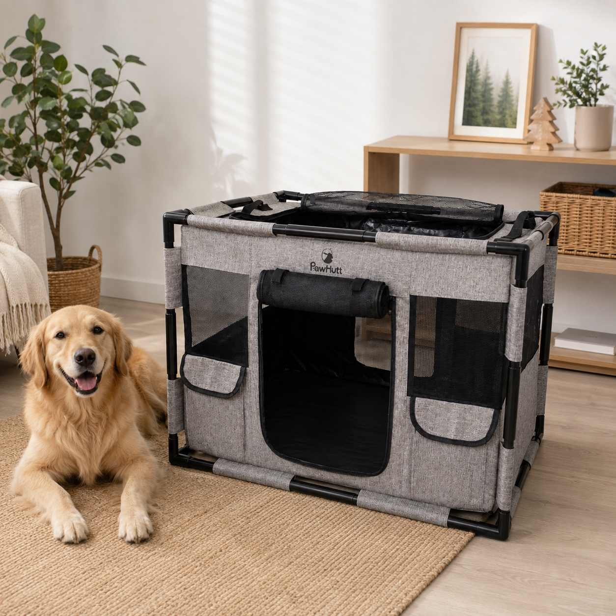 Portable Dog Playpen with Cover & Gate Tear-Resistant Fabric Waterproof Bottom – Grey/Black M