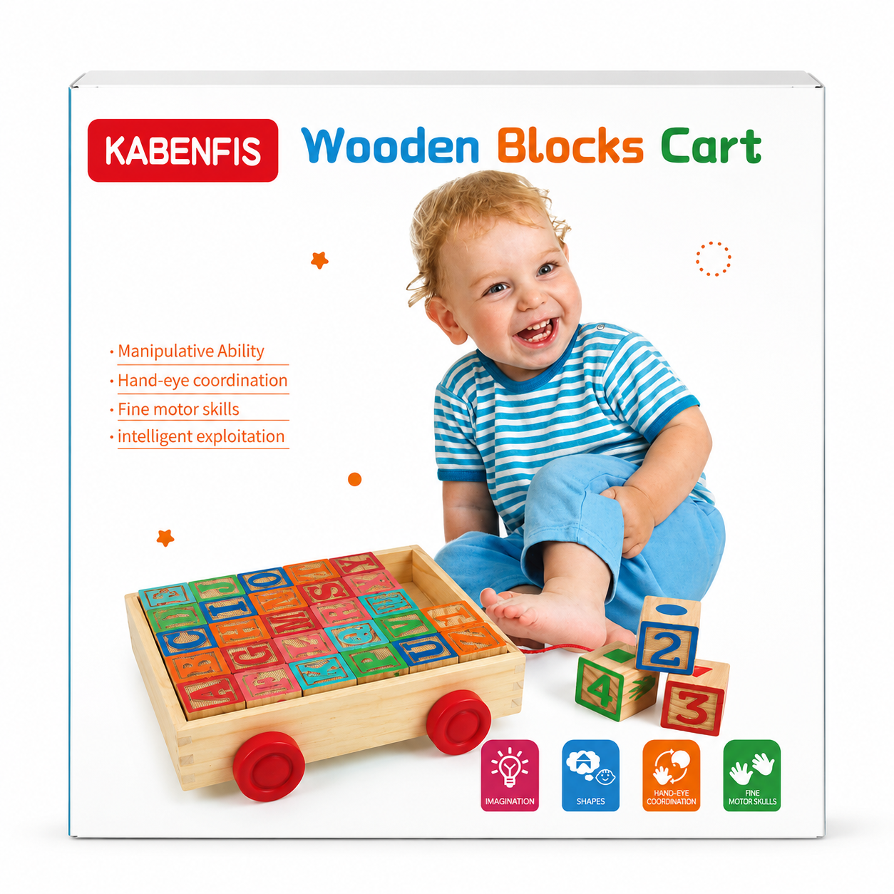 2 in 1 Wooden ABC Block Cart Learning toys with 30 PCS Wooden Blocks for kids