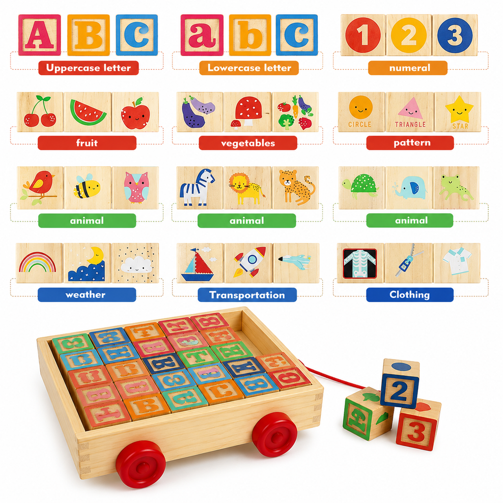2 in 1 Wooden ABC Block Cart Learning toys with 30 PCS Wooden Blocks for kids