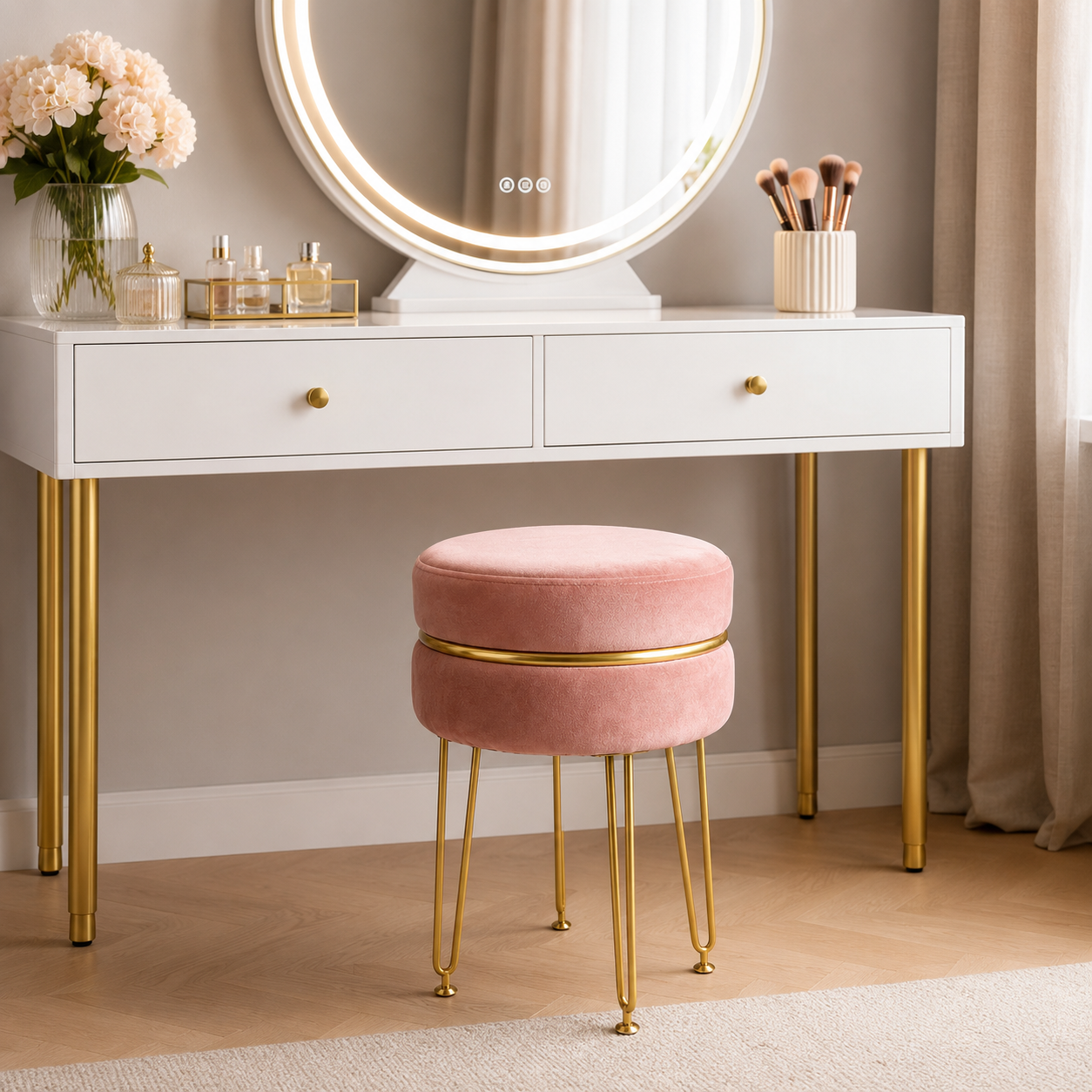 Pink Velvet Vanity Stool with Gold Legs – Round Dressing Table Seat
