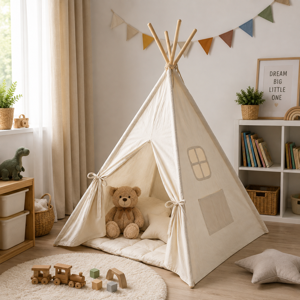 Kids Cotton Teepee Play Tent with Wooden Poles – Natural