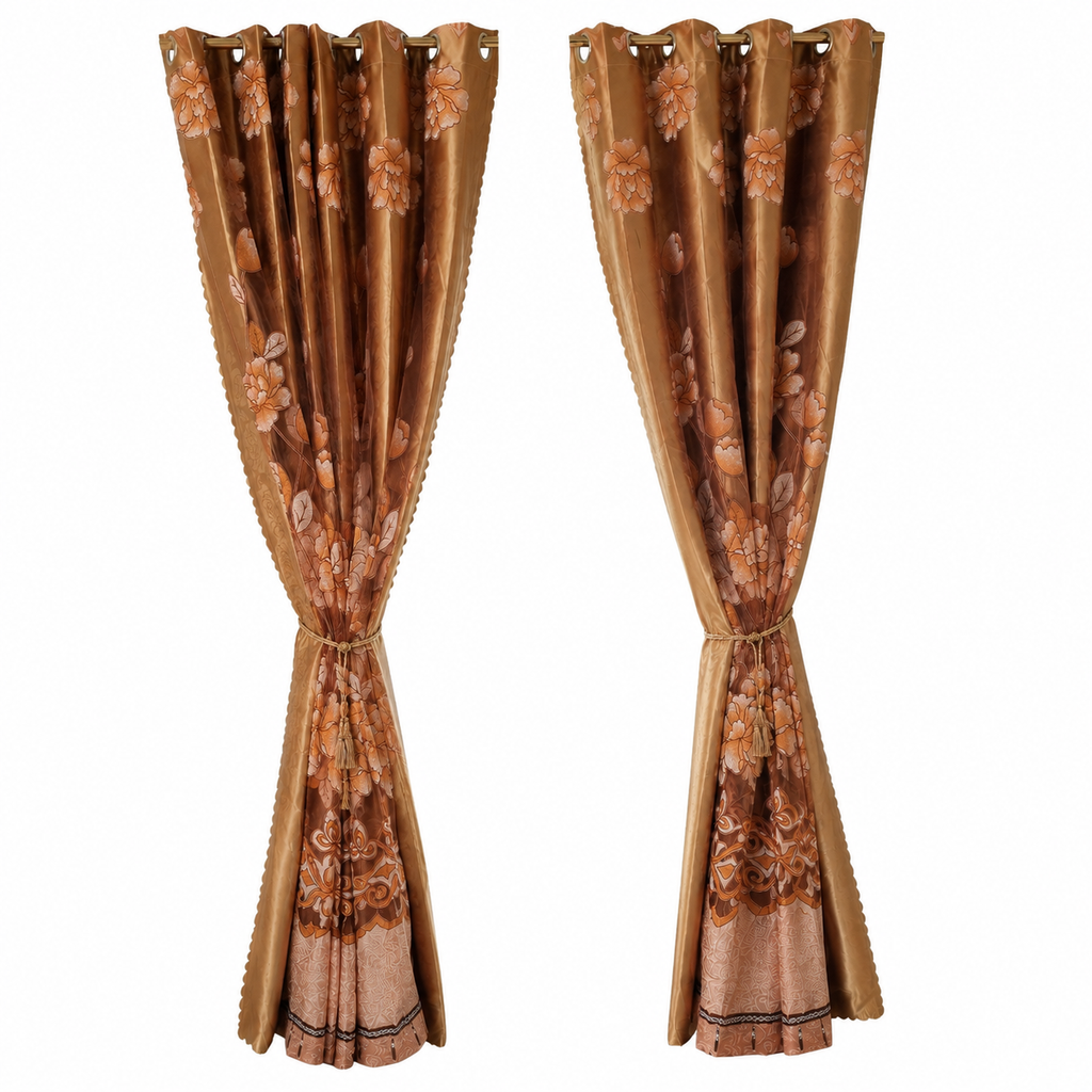 Pair of Gold Double Layer Curtains – Lily Floral Pattern, Tassel Beads, 66 × 84in