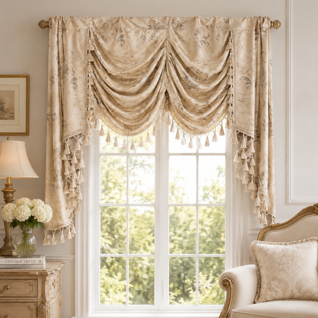 Luxury Jacquard Window Valance with Tassel Fringe – 200cm Wide