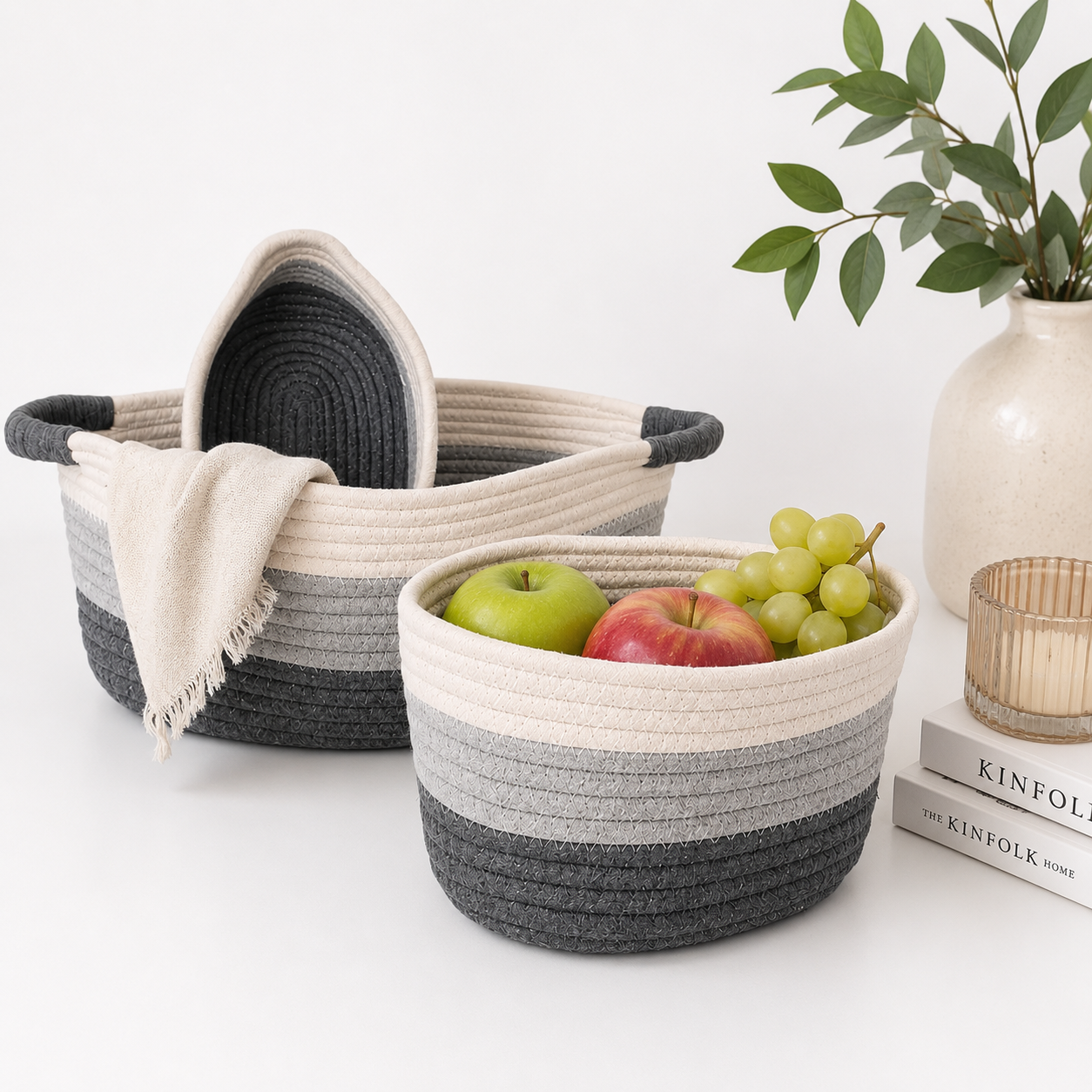 Set of 3 Cotton Rope Storage Baskets with Handles – Decorative Shelf Organisers