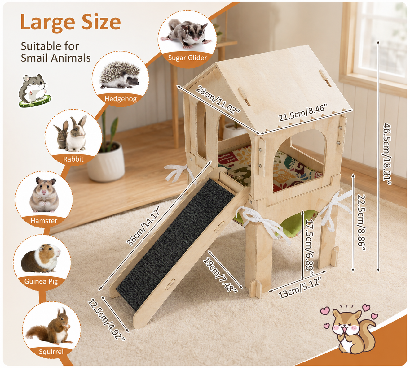 Wooden Small Animal House with Ramp & Hammock – Guinea Pig, Rabbit & Hamster Hideaway