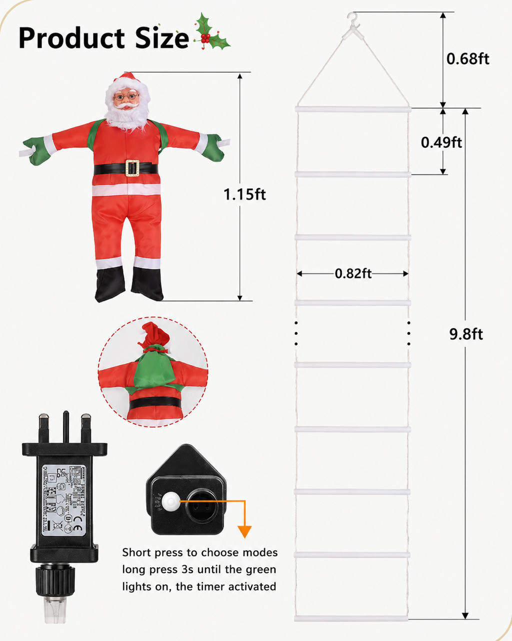 Climbing Santa LED Rope Ladder Christmas Decoration – Multicolour Lights, 3m