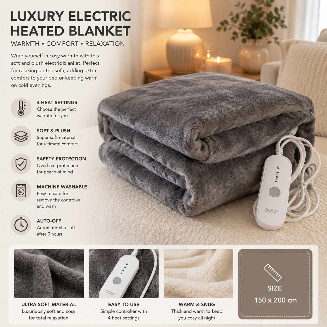 Luxury Electric Heated Throw Blanket – Grey Sherpa Fleece, 4 Heat Settings 130 × 180cm
