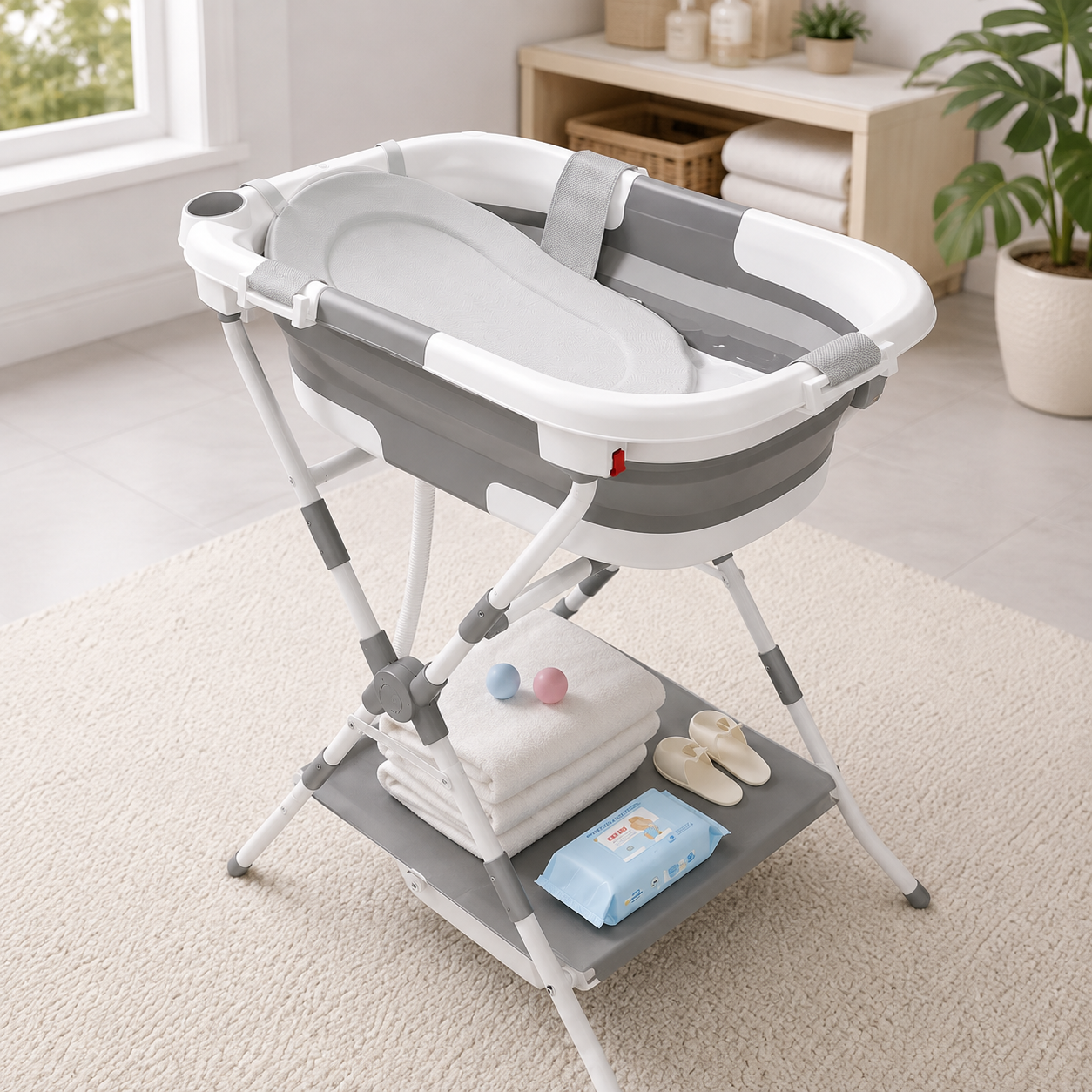 Foldable 3-in-1 Baby Bath with Stand & Support Net Newborn to Toddler Multi-Use – Grey