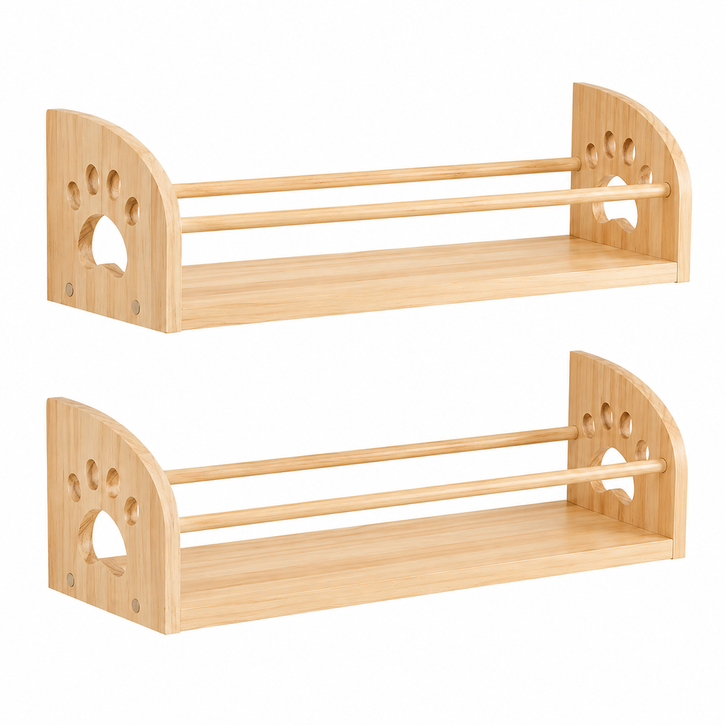 Set of 2 Wooden Wall Shelves Paw Print Design Kids Room Nursery – 40cm