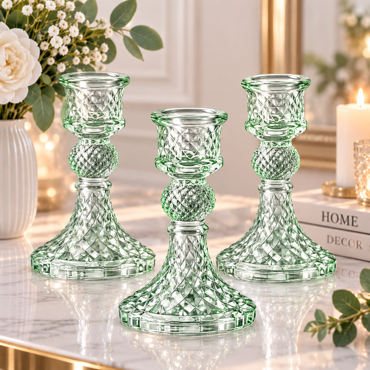 Green Glass Candlestick Holder – Taper Candle Holder 10cm