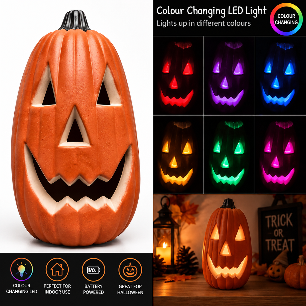 35cm Light Up Halloween Pumpkin Decoration – Colour Changing LED Jack O’ Lantern Battery Operated