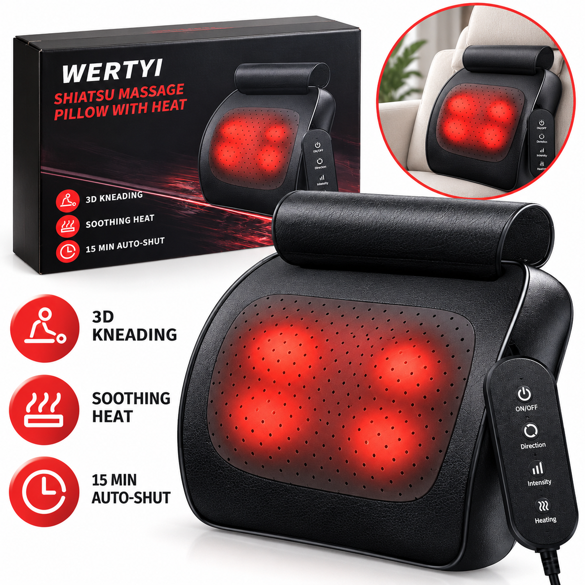 Shiatsu Massage Pillow with Heat 3D Kneading Neck Back Massager with Controller