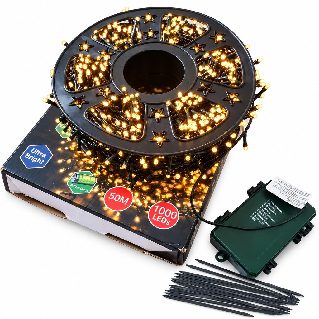 1000 LED Christmas String Lights 50m Warm White Battery Operated Timer 8 Modes