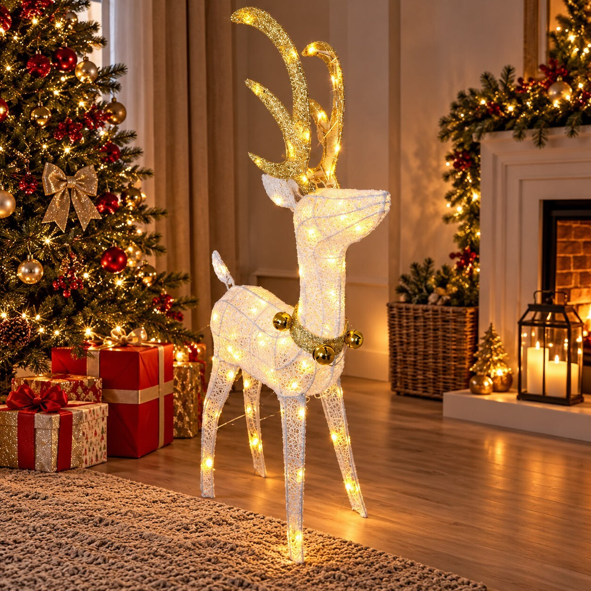 1.2M Light Up Christmas Reindeer Warm White LEDs Twinkling Effect Gold Antlers