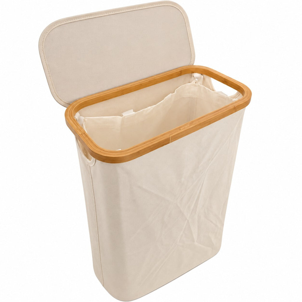 48L Slim Laundry Basket Bamboo Frame Lid Foldable Washing Hamper