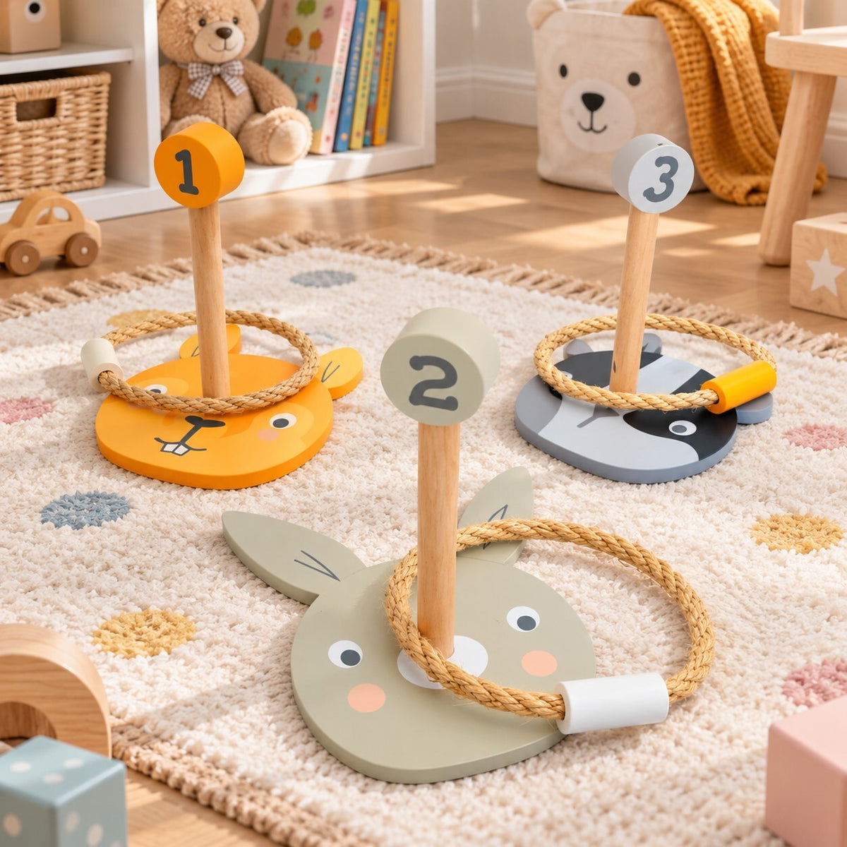 Wooden Animal Hoop Ring Toss Game – 6 Piece Set – Kids 3+