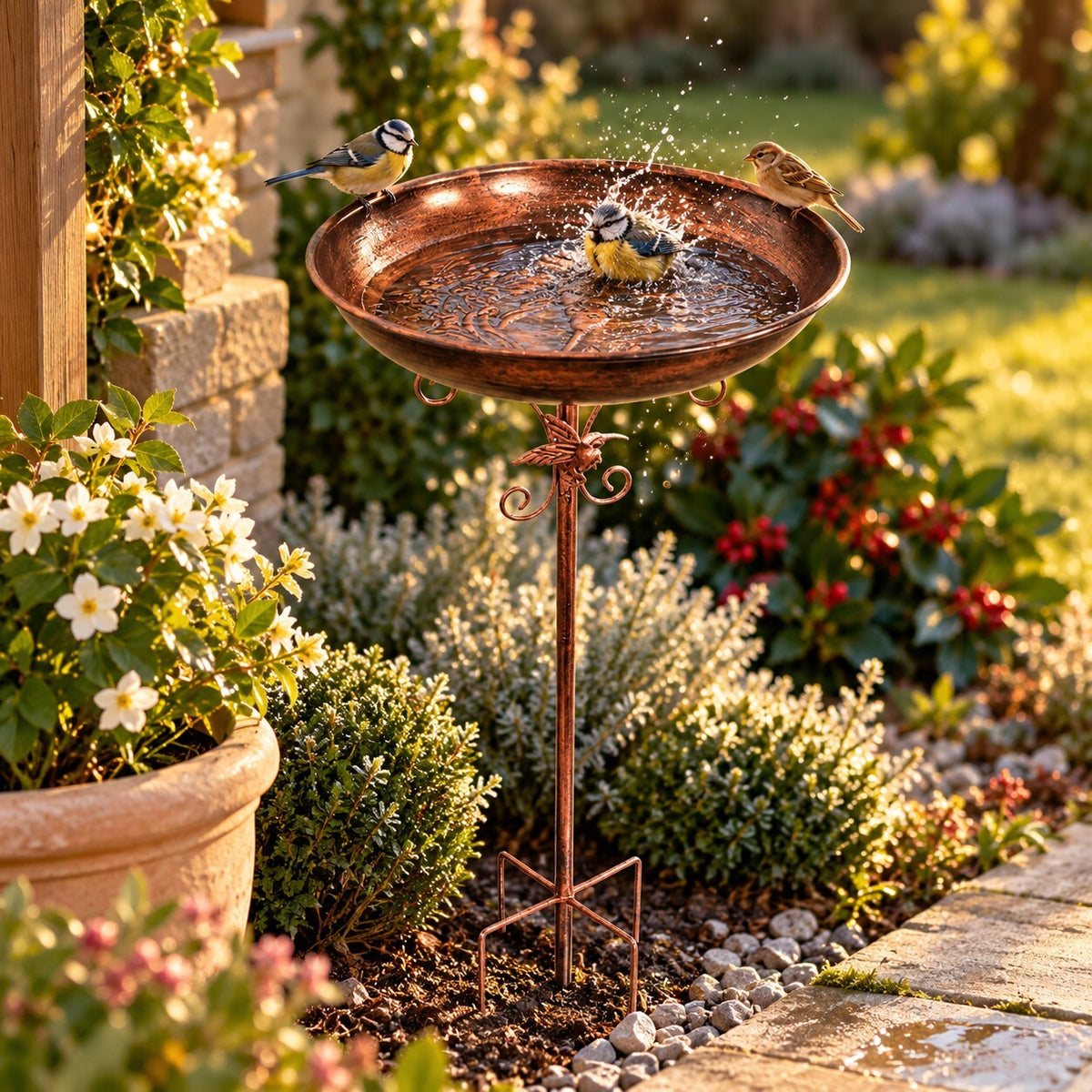 Metal Bird Bath with Stand – Copper Effect Garden Decoration – 100cm