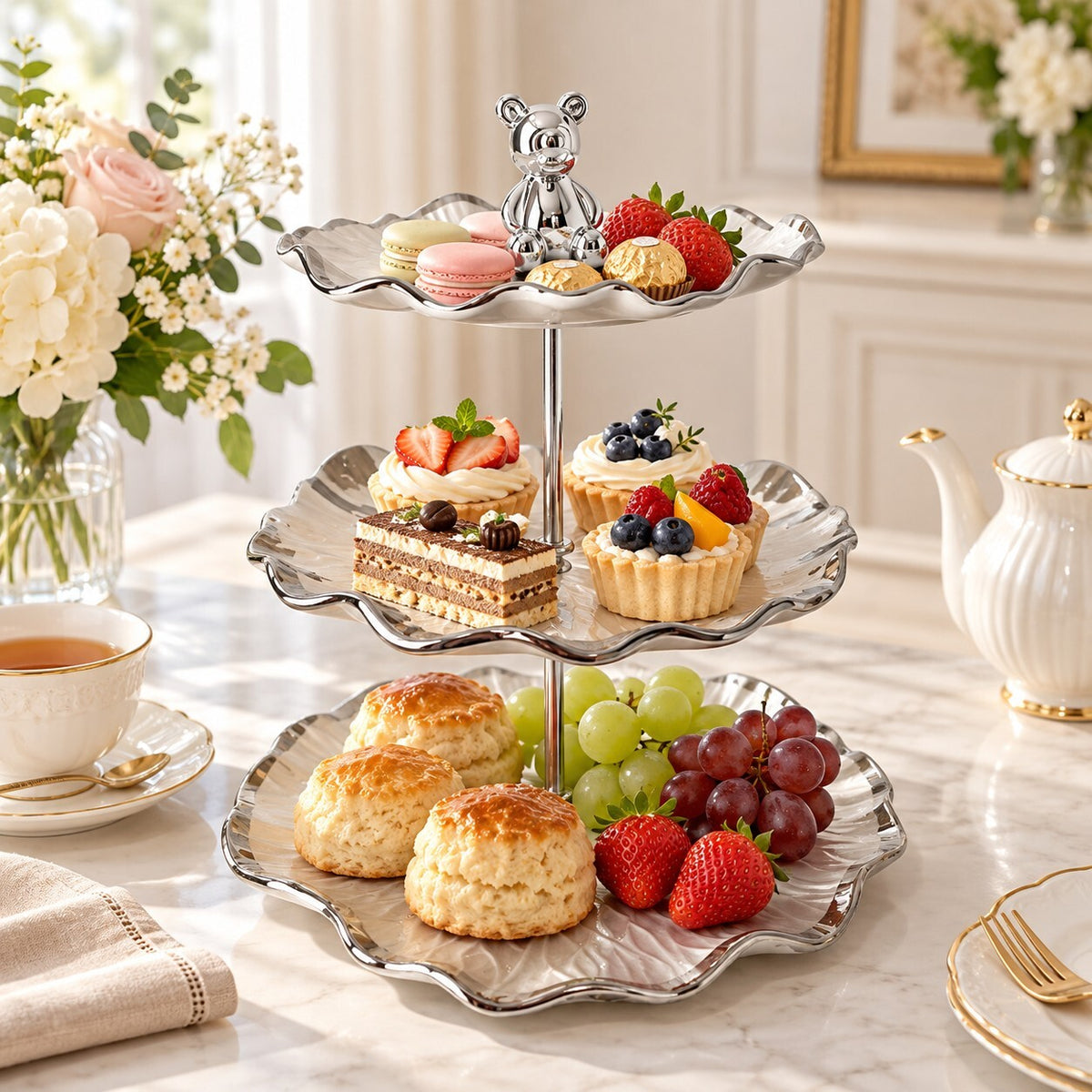 3 Tier Ceramic Cake Stand Serving Tray with Teddy Bear Topper Silver Edge