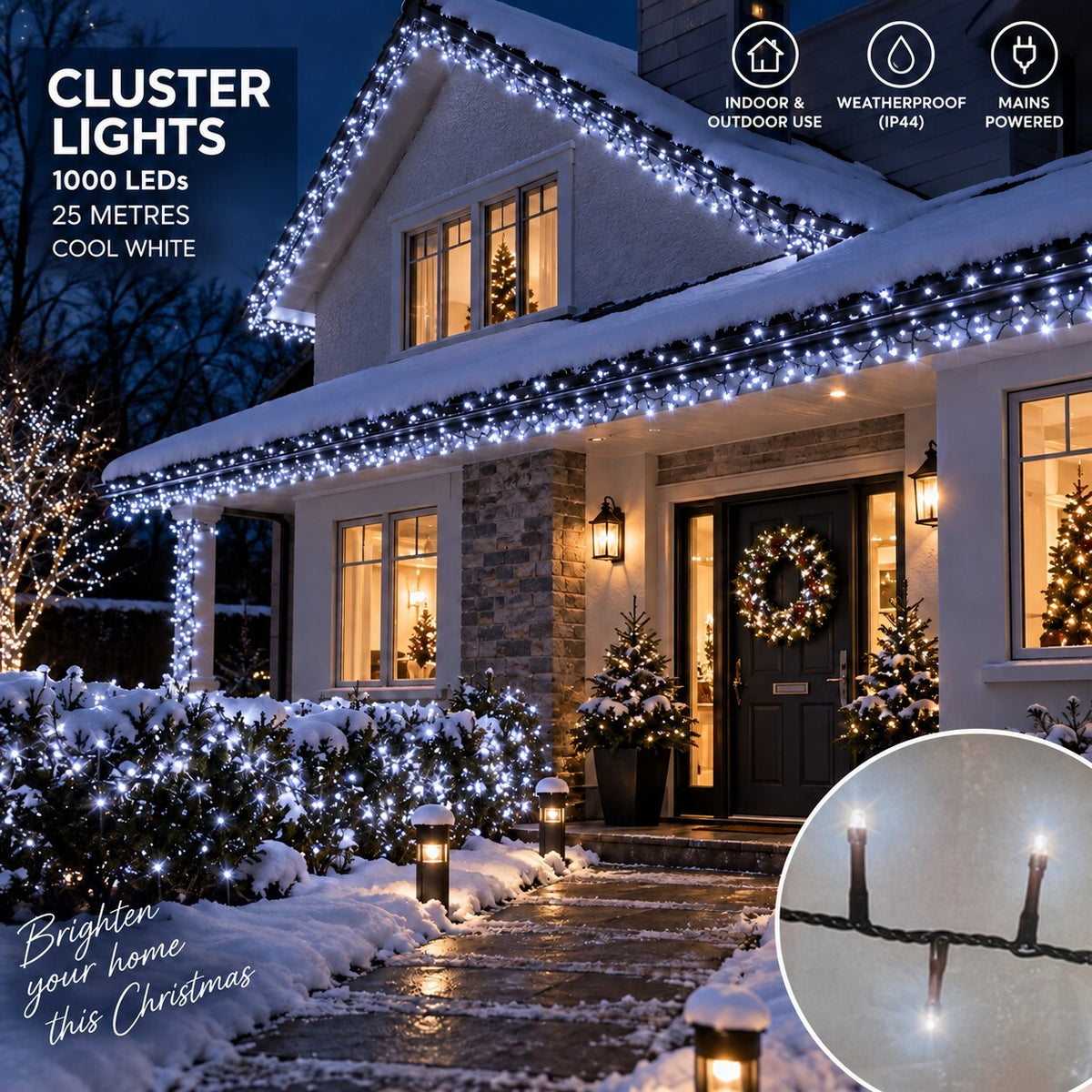 1000 LED Cluster Christmas Lights 25m Cool White – Mains Powered Indoor Outdoor