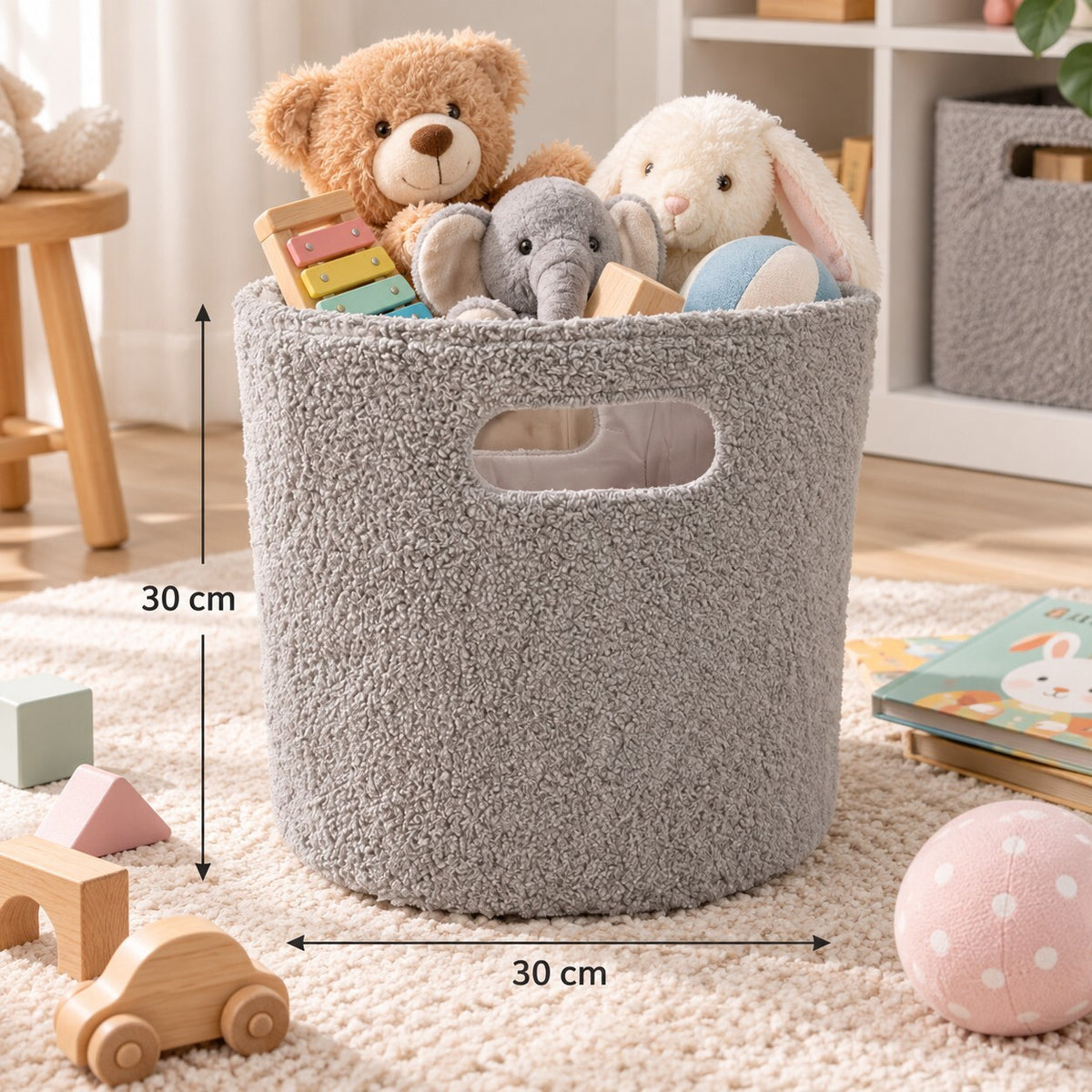 Grey Teddy Fleece Storage Basket with Handles – 30 x 30cm