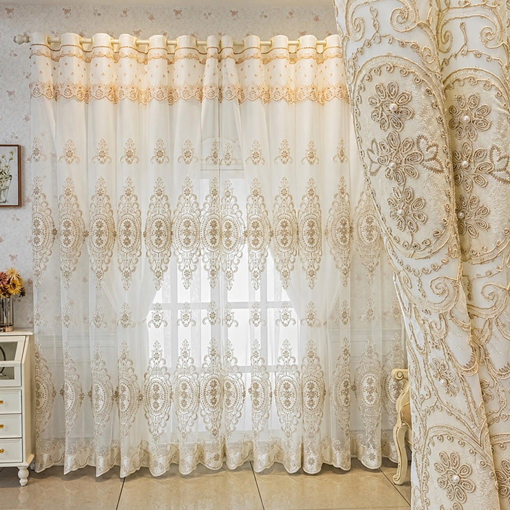 Luxury Cream Embroidered Lace Curtain Panel 66 x 90 Elegant Floral Sheer Curtain