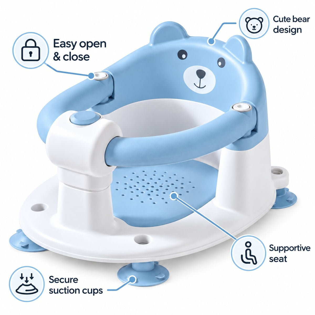 Baby Bath Seat with Suction Cups – White & Blue – Easy Open & Close