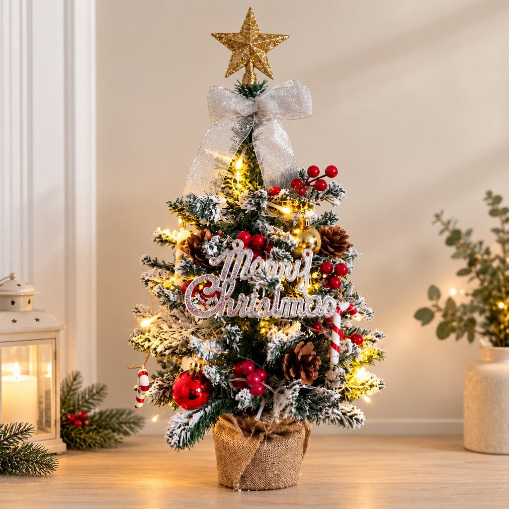 65cm Pre-Lit Decorated Christmas Tree – Warm White Lights, Berries, Pine Cones