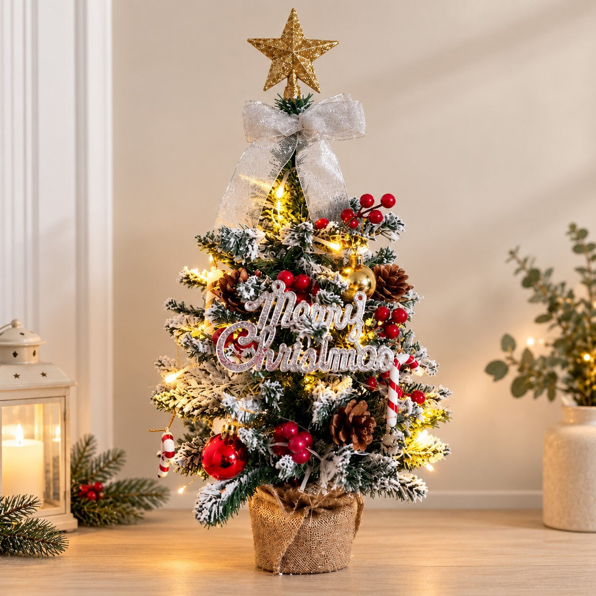 65cm Pre-Lit Decorated Christmas Tree – Warm White Lights, Berries, Pine Cones