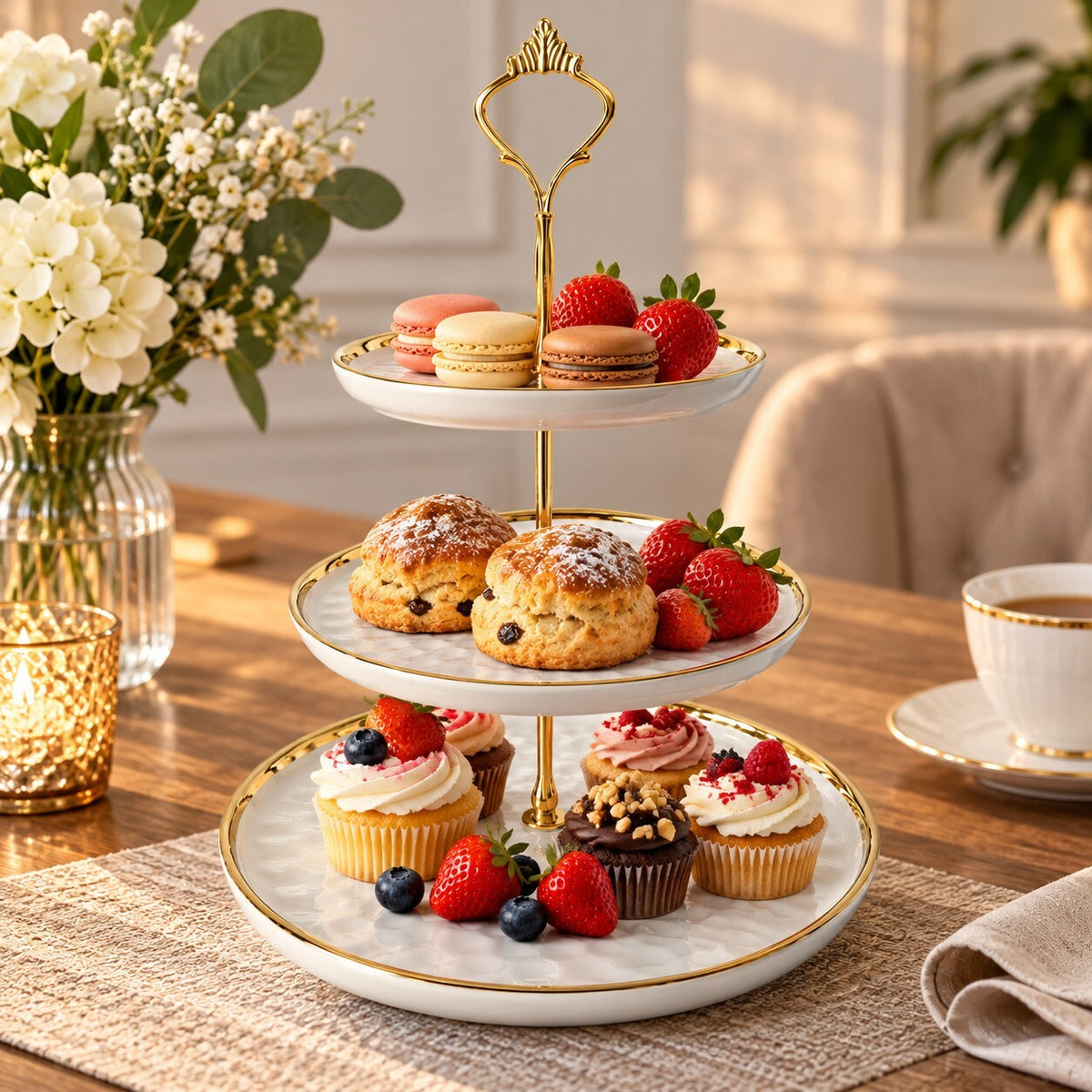 3 Tier Ceramic Serving Stand White & Gold – Cake Fruit Dessert Display 38cm