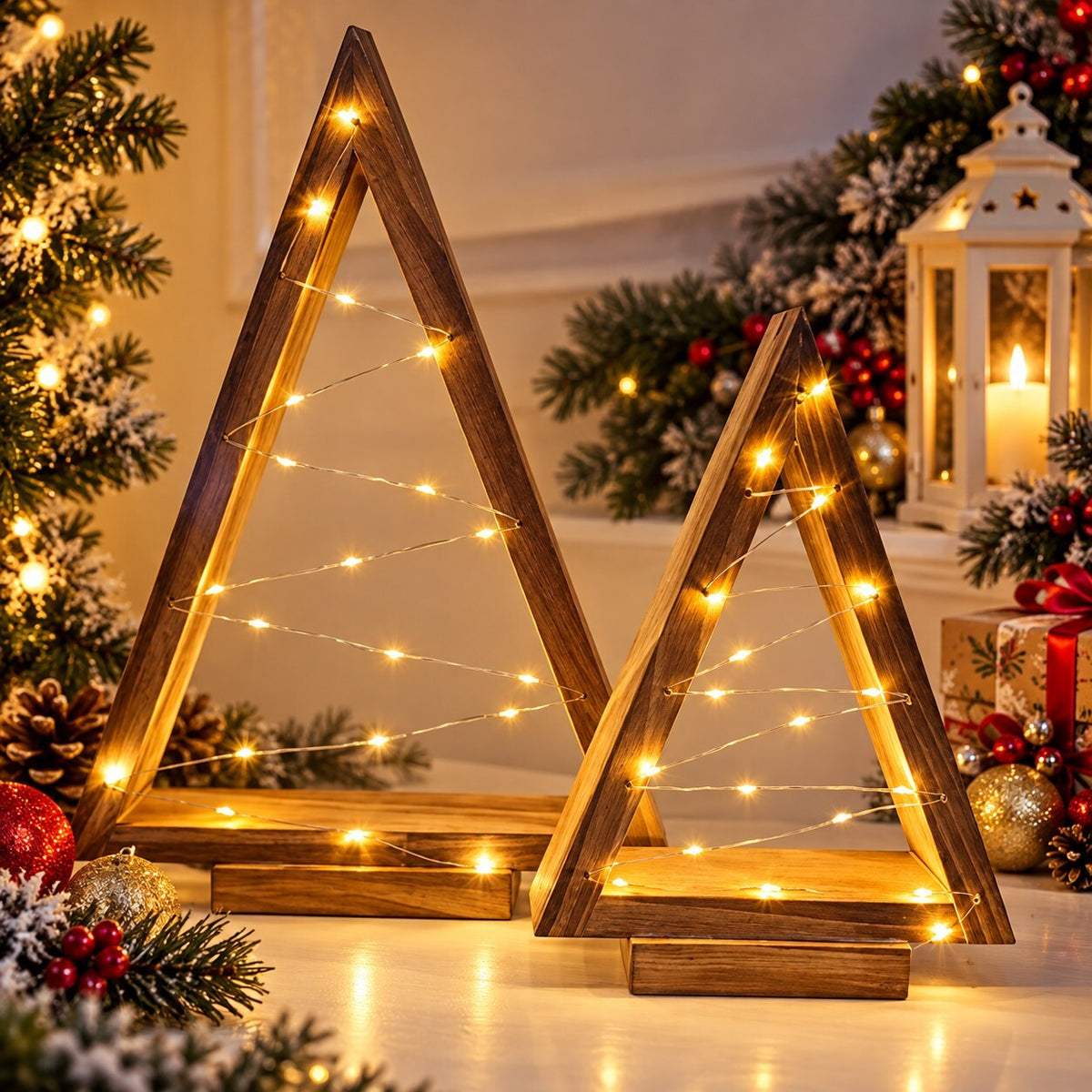 Set of 2 Wooden Light Up Christmas Trees – Warm White LED Table Decorations