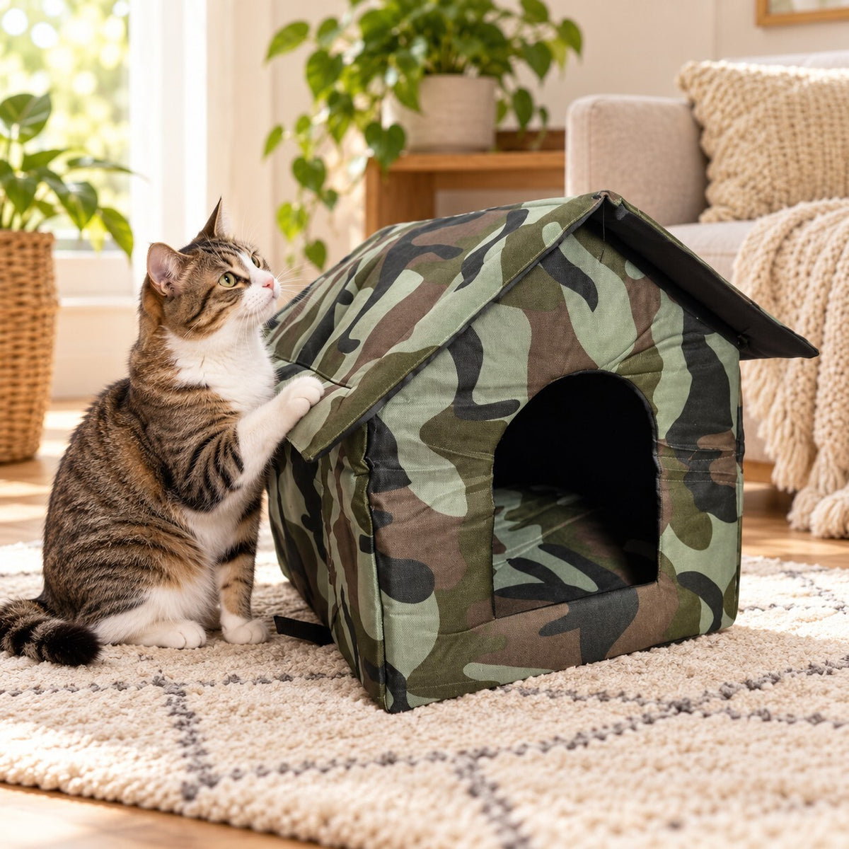 Camouflage Cat House Indoor Pet Bed with Cushion