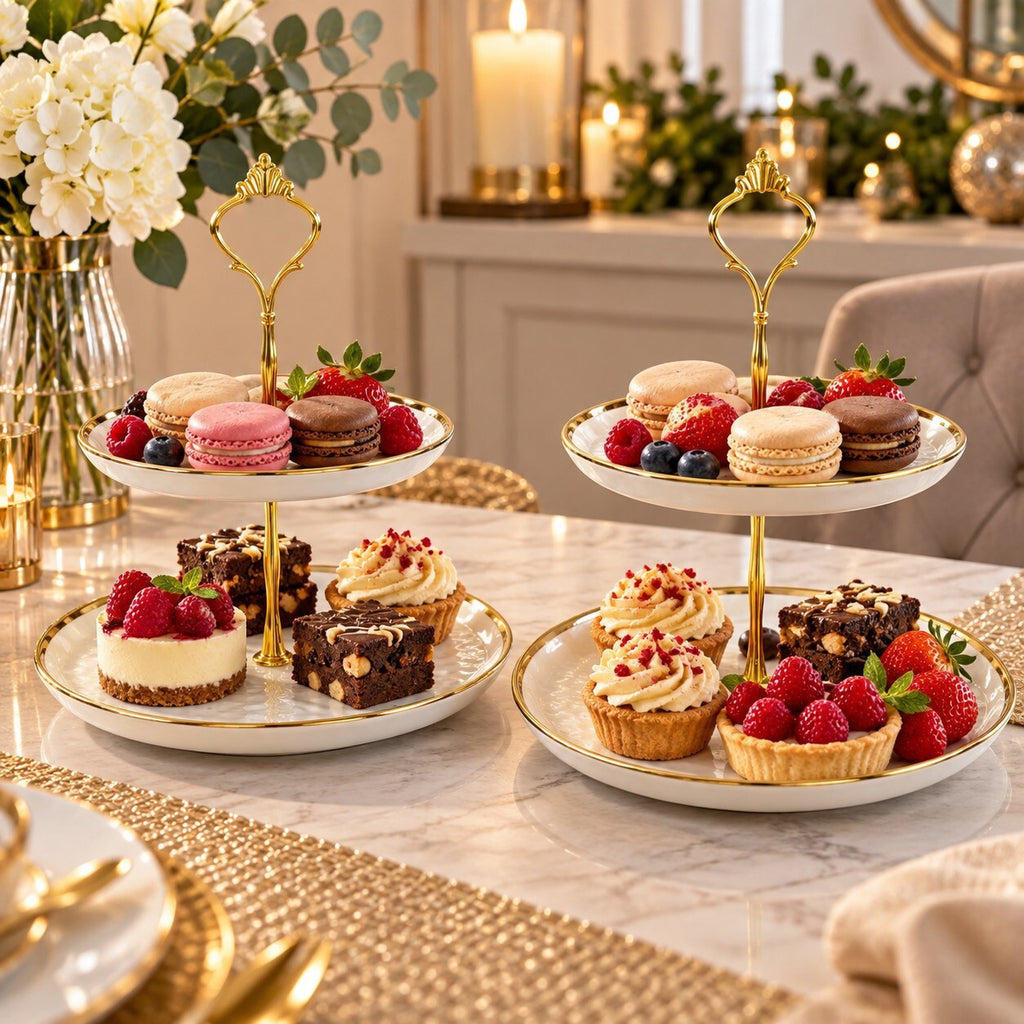 Set of 2 Tier Ceramic Cake Stand White & Gold Afternoon Tea Serving Plate 25cm