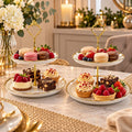 Set of 2 Tier Ceramic Cake Stand White & Gold Afternoon Tea Serving Plate 25cm