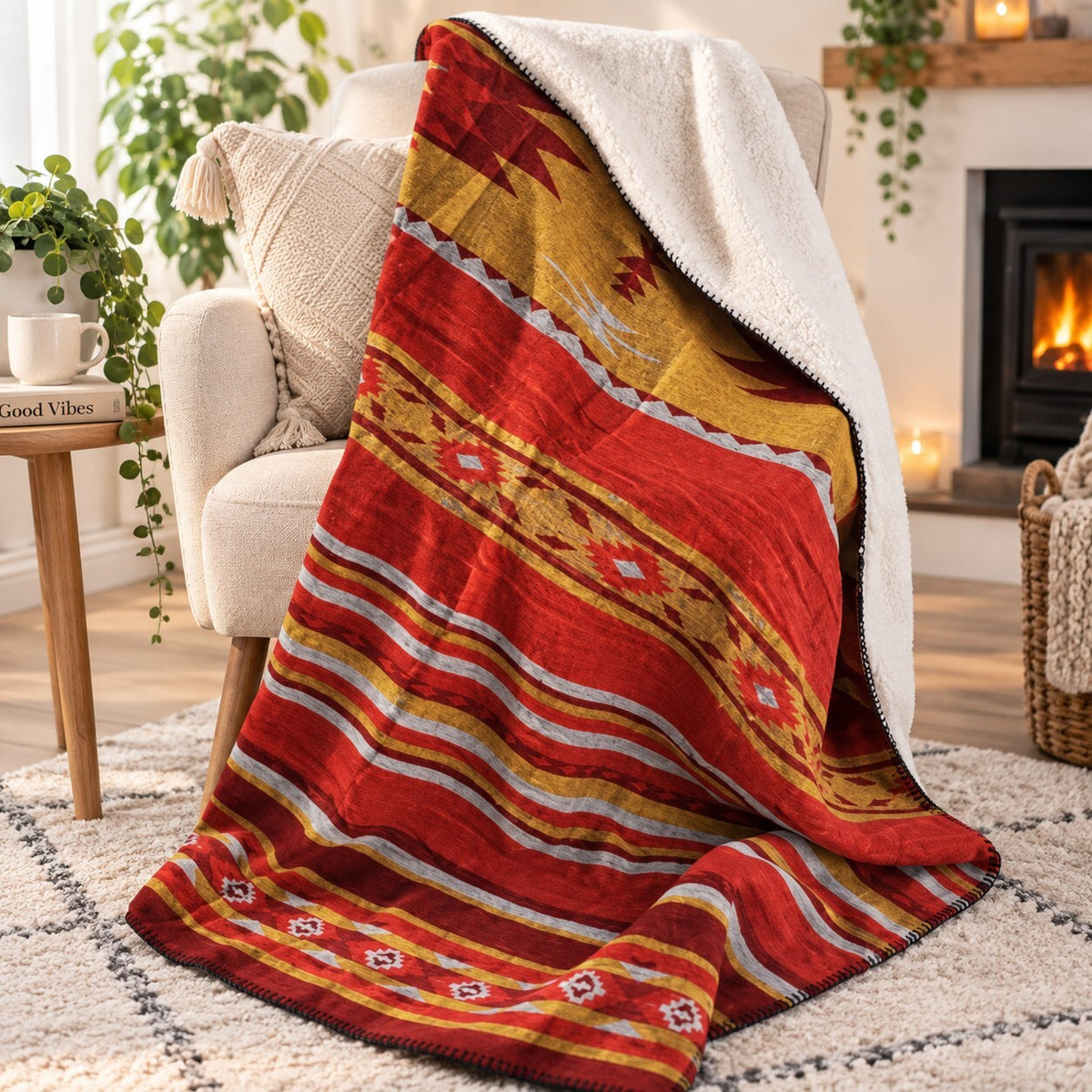 Aztec Pattern Throw Blanket with Sherpa Lining 60"x 80"