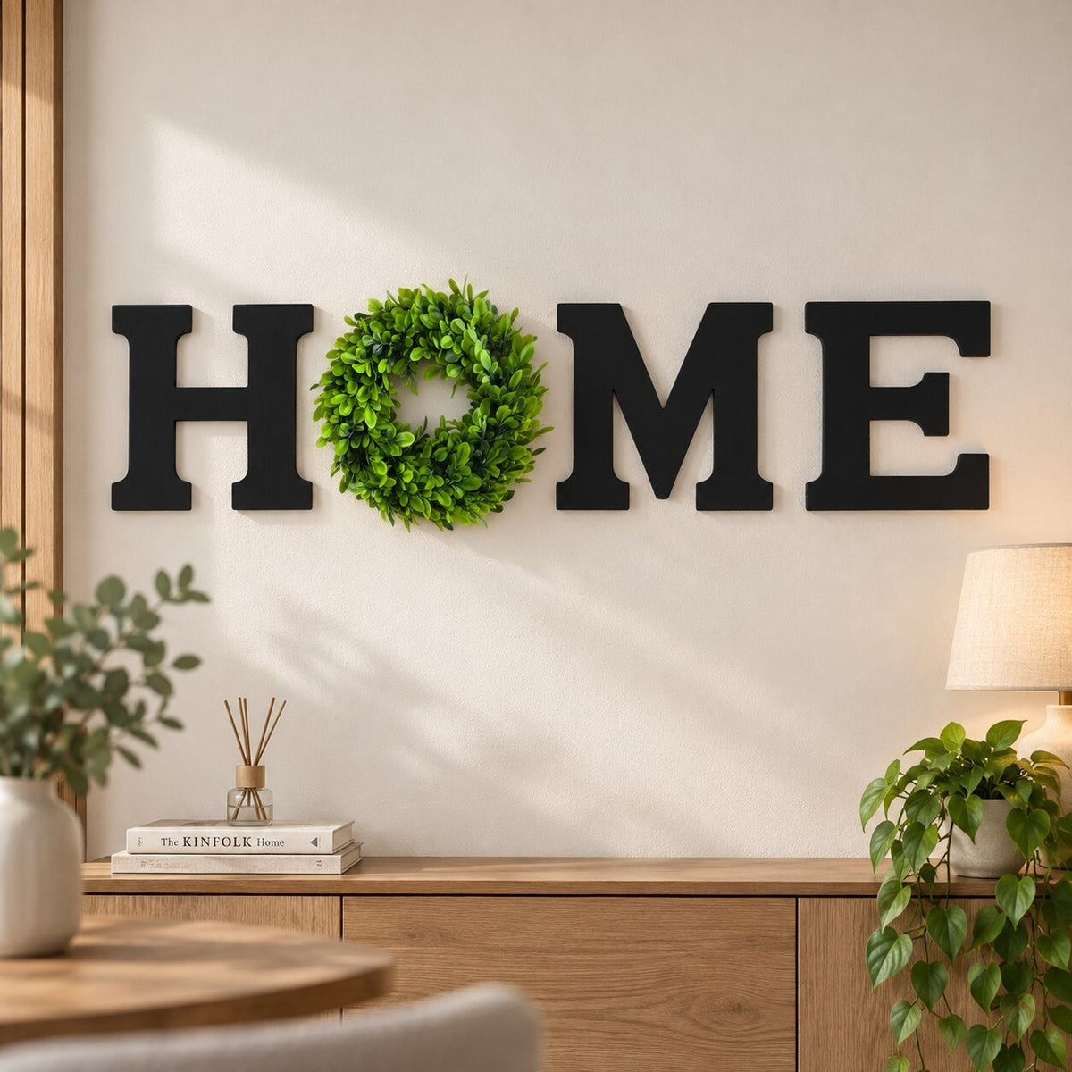 Rustic HOME Family Wall Sign with Green Wreath – Large 26cm Letters