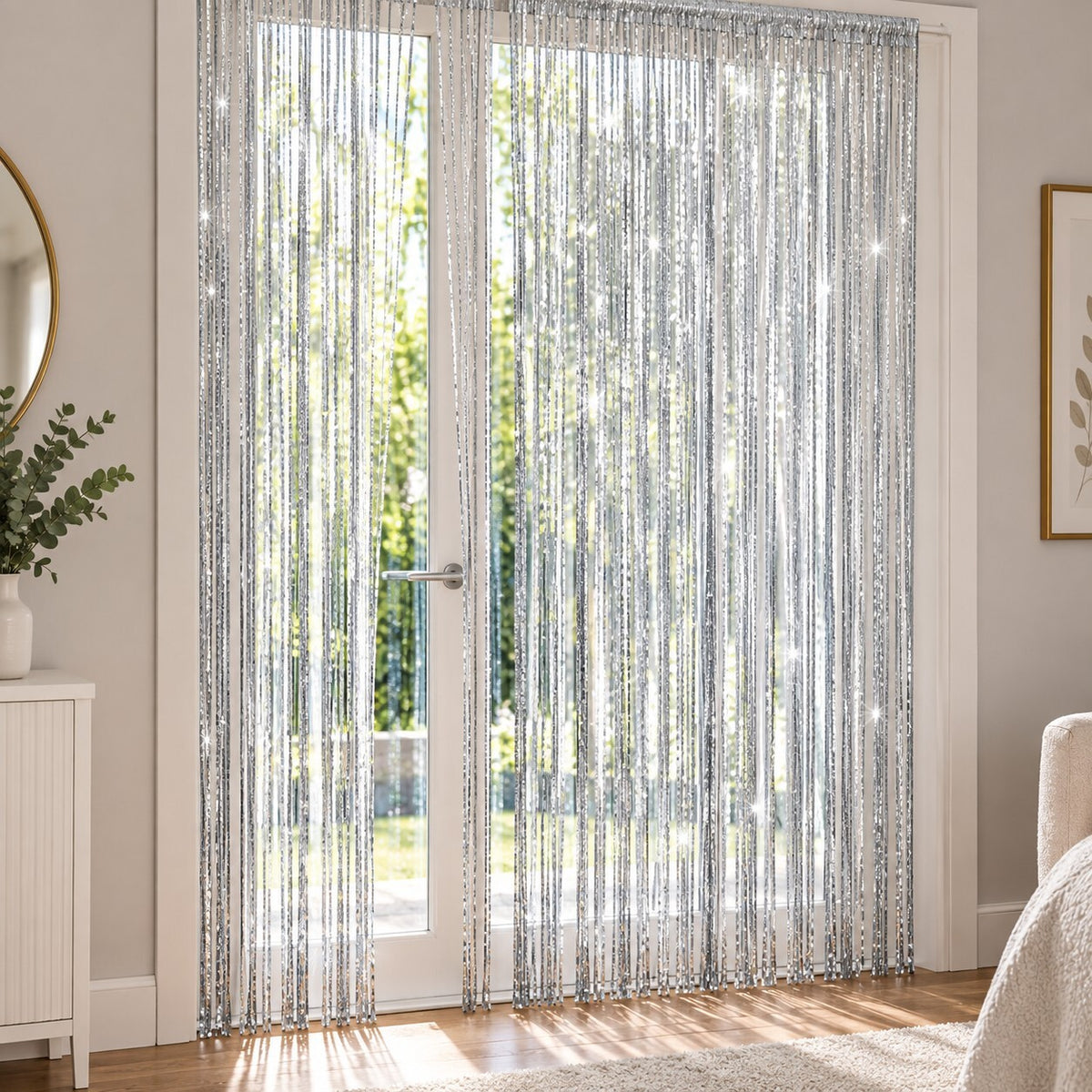 2pcs Grey Glitter String Spaghetti Door Window Curtains 100 x 200cm Each