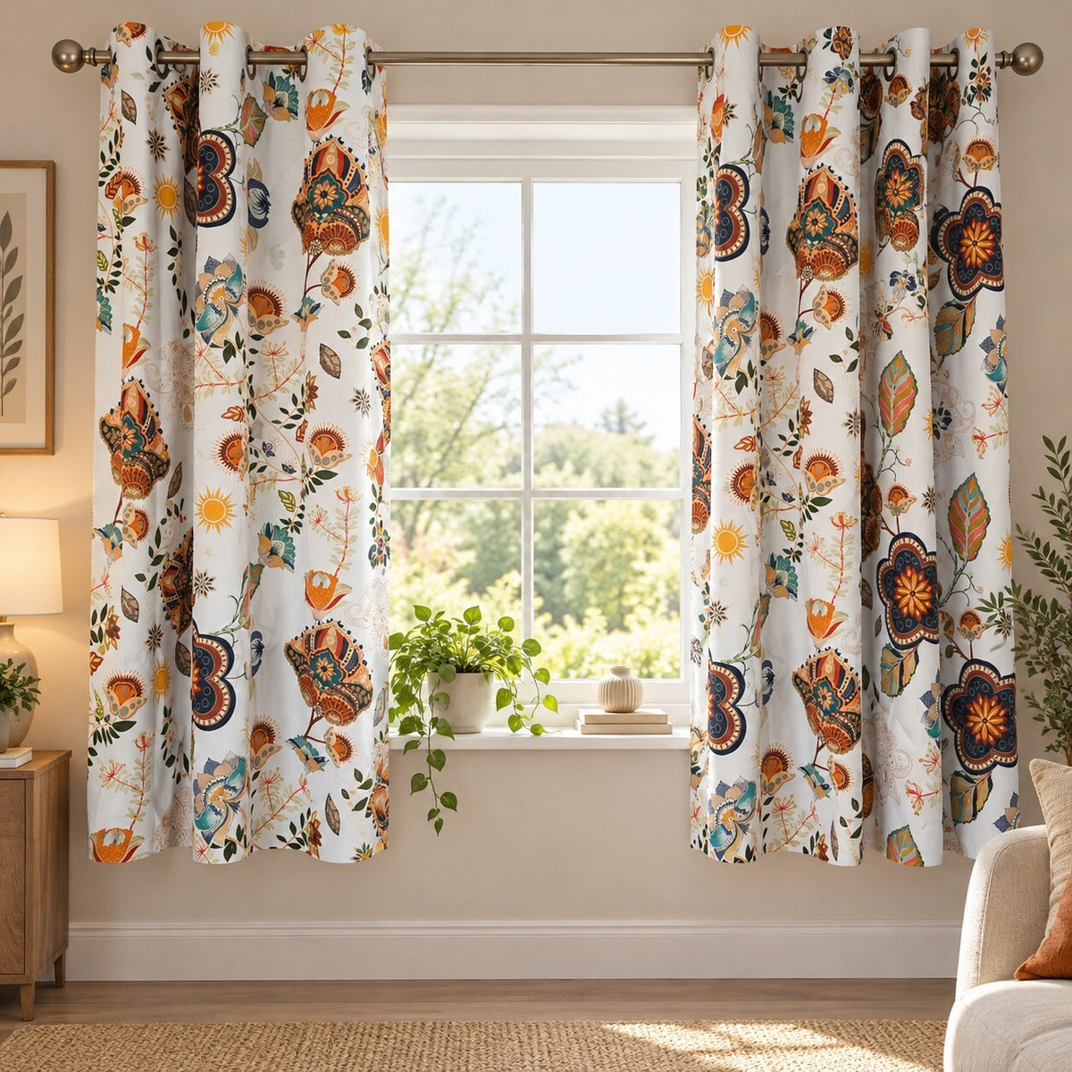 Boho Style Blackout Curtains 52 x 54 Inch Eyelet Floral Pattern