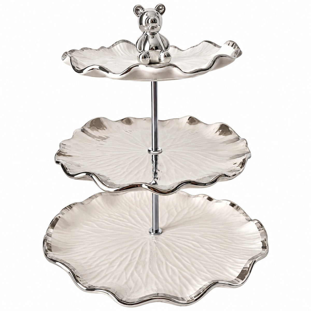 3 Tier Ceramic Cake Stand Serving Tray with Teddy Bear Topper Silver Edge