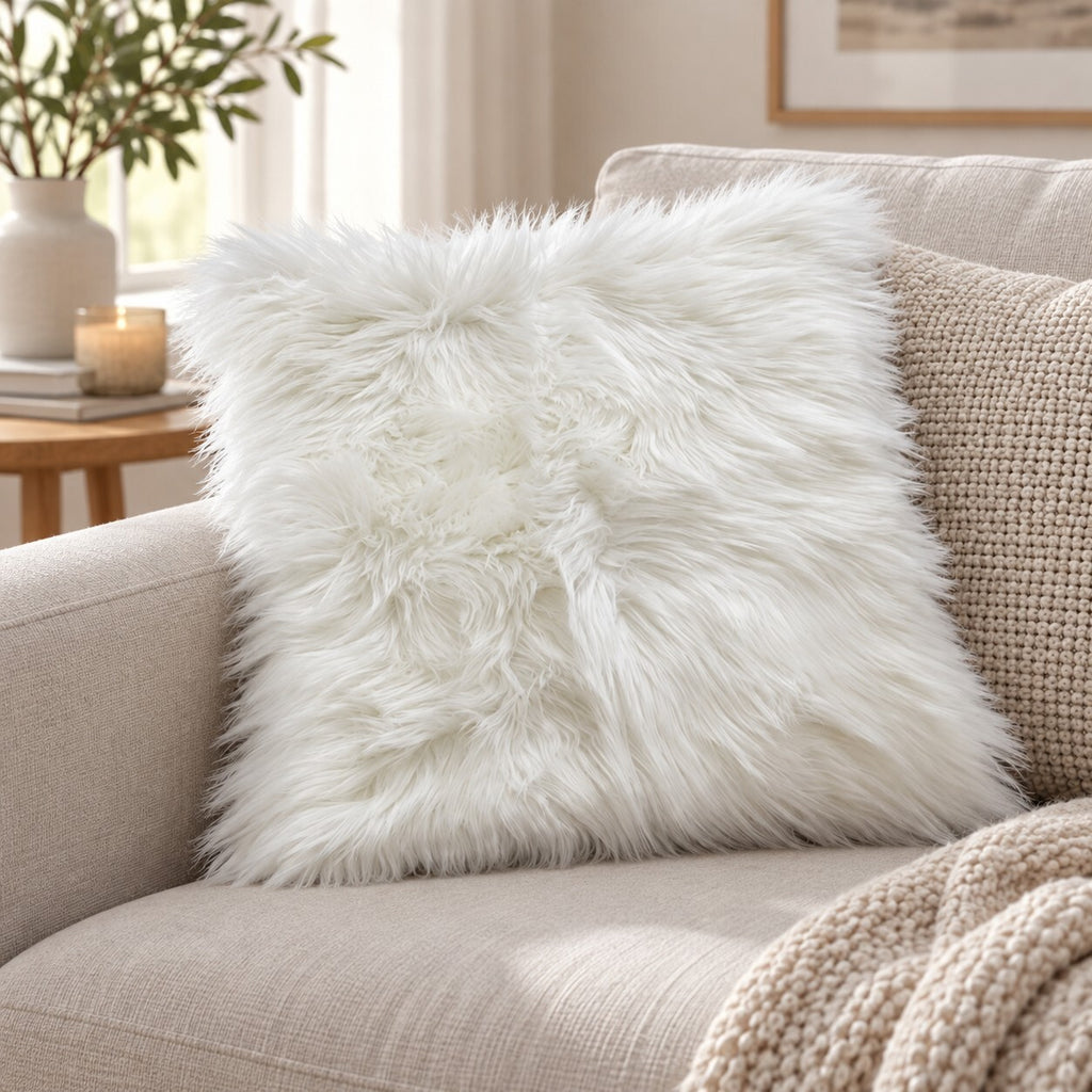 Luxury White Shaggy Sheepskin Style Cushion Cover – Thick Plush – 20 x 20"