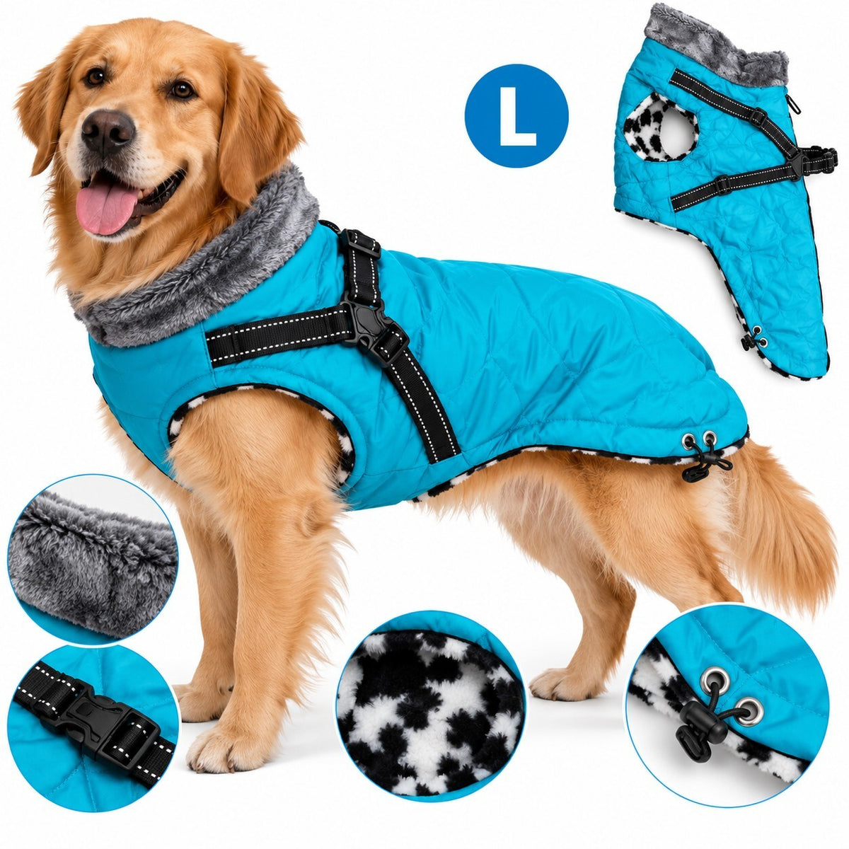 Dog Winter Coat with Built-In Harness – Fleece Lined – Blue – Size L