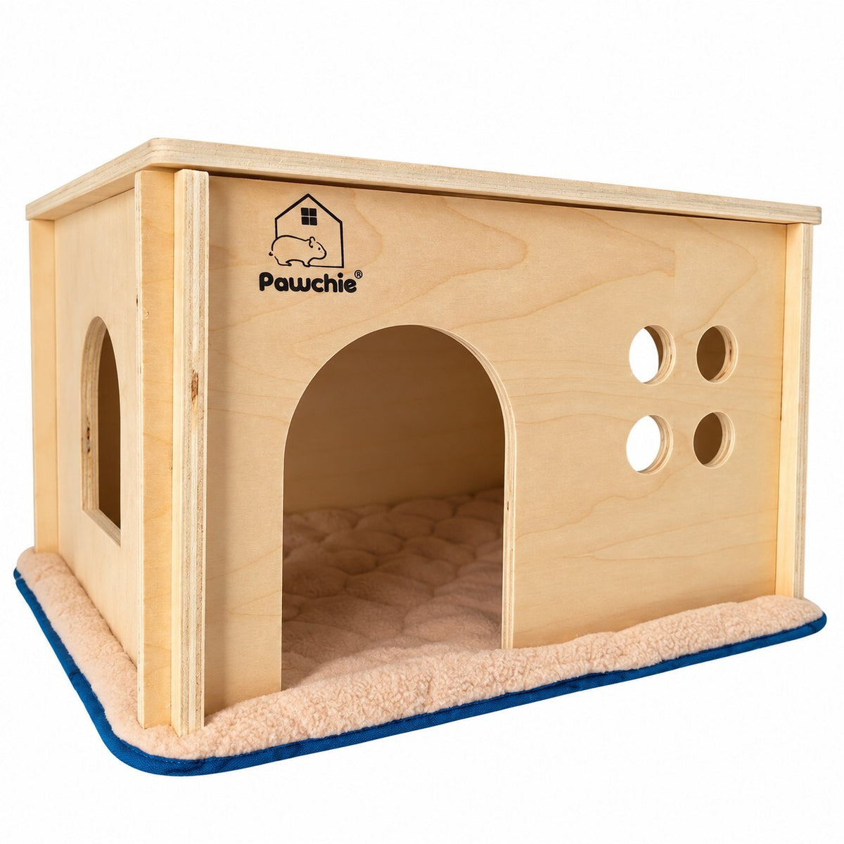 Wooden Guinea Pig Small Pet Hideout House with Soft Mat – 30x24x19cm